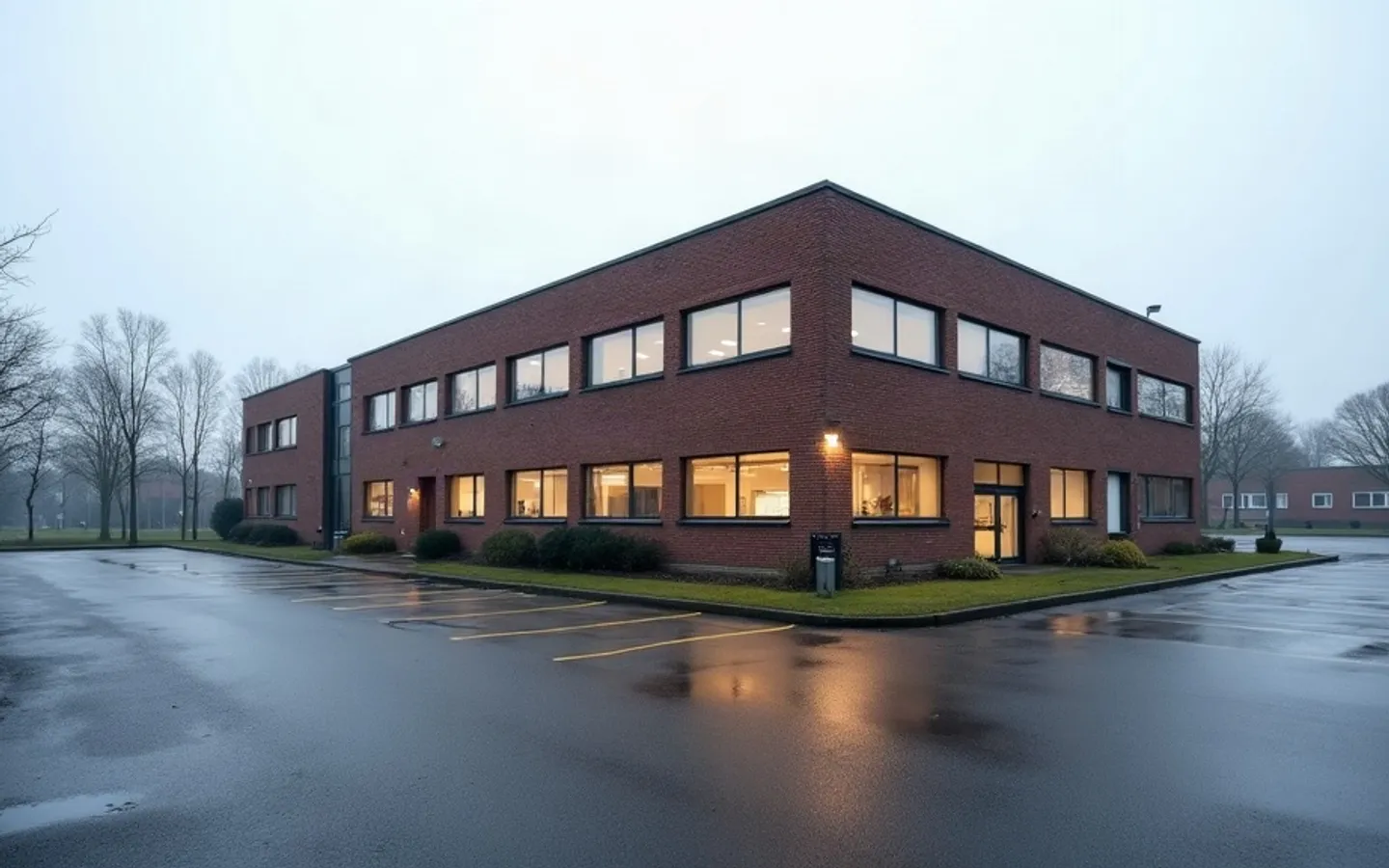 Klein bakstenen kantoorgebouw op een bedrijventerrein in de vroege ochtend, met lege parkeervakken ervoor en nat asfalt dat de lucht weerspiegelt.