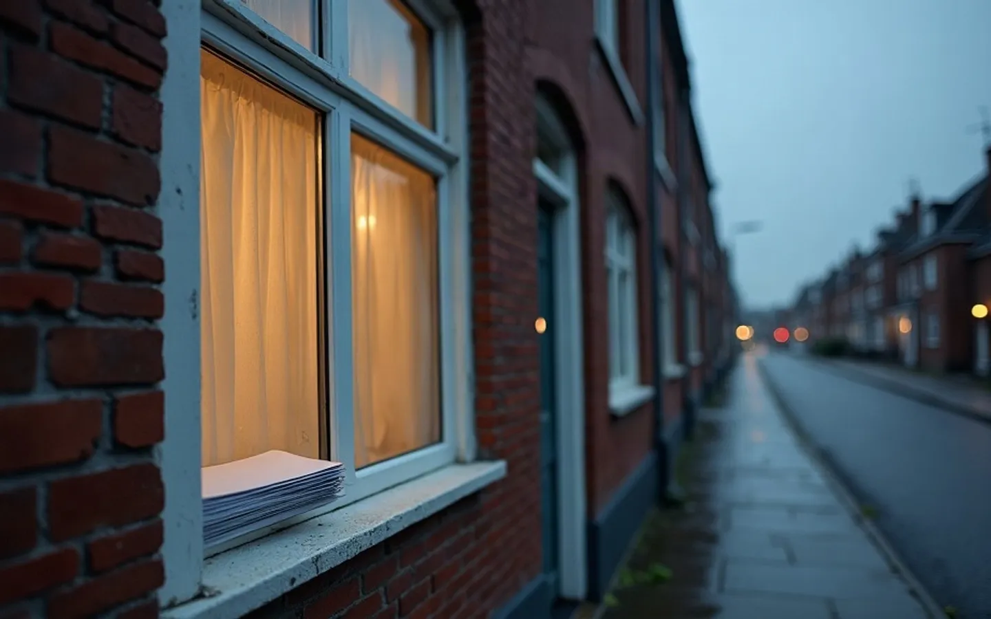 Een rijtjeshuis in de vroege ochtend met gesloten gordijnen en een stapel enveloppen op de vensterbank achter het raam.