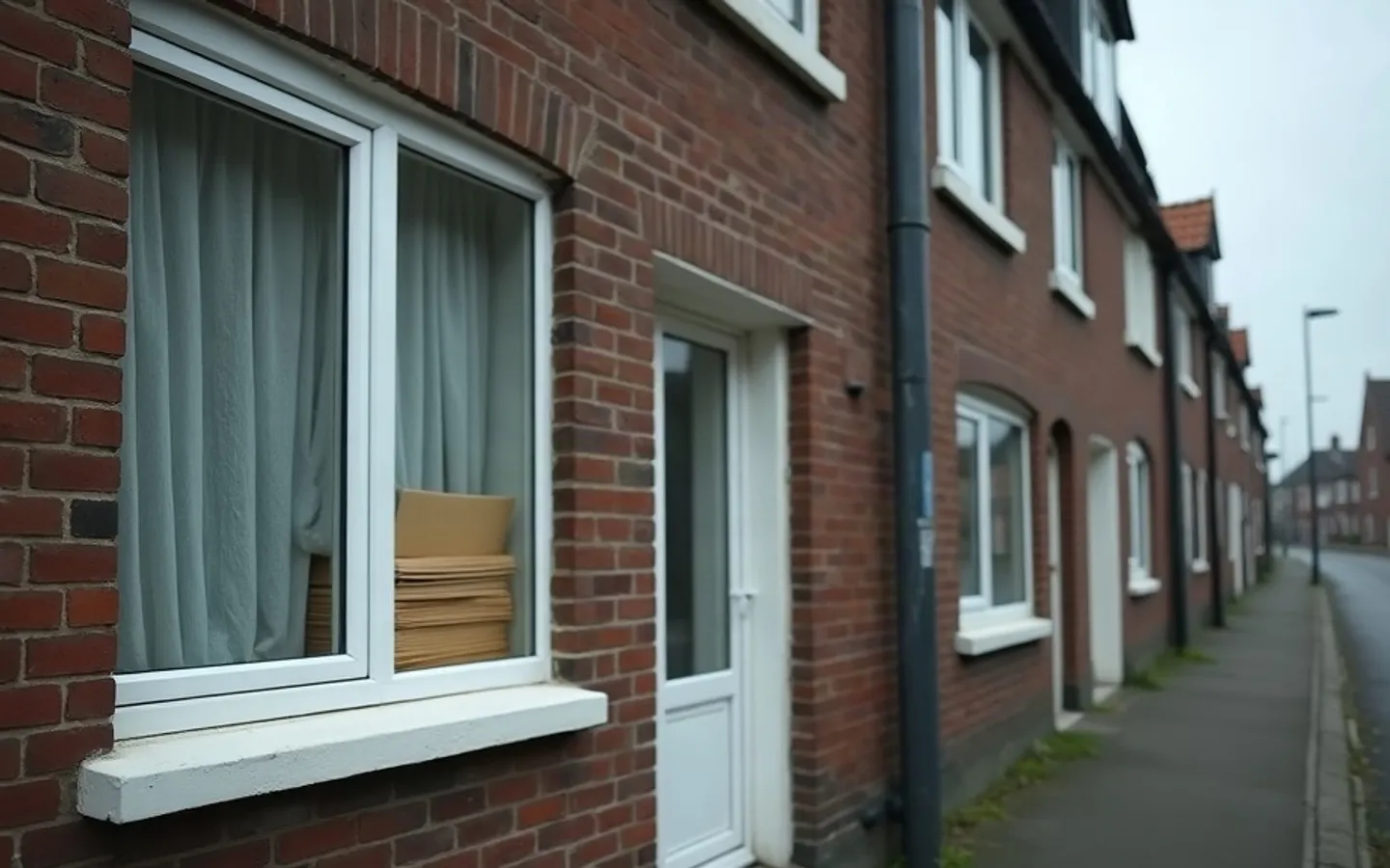 Een Nederlandse rijtjeswoning in de vroege ochtend met gesloten gordijnen. Achter het raam ligt een stapel ongeopende enveloppen op de vensterbank. De straat is leeg.