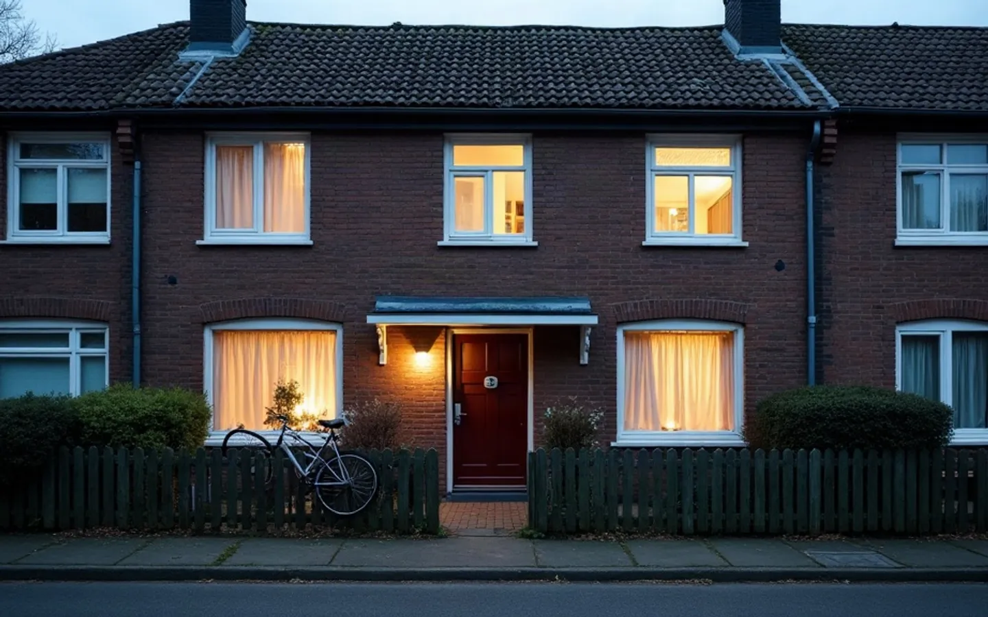 Rijtjeswoningen in de schemering met licht achter de gordijnen en een fiets tegen het tuinhek