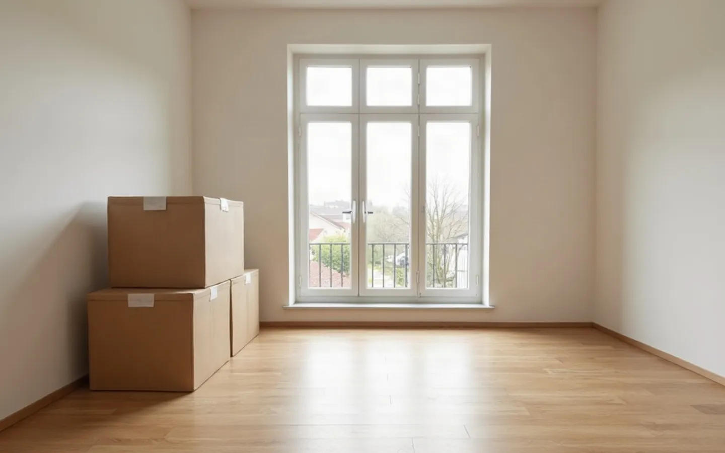 Lege woonkamer in een rijtjeshuis met een kale houten vloer, lichte muren met vage afdrukken van weggehaalde schilderijen en een hoog raam met uitzicht op een stille straat.