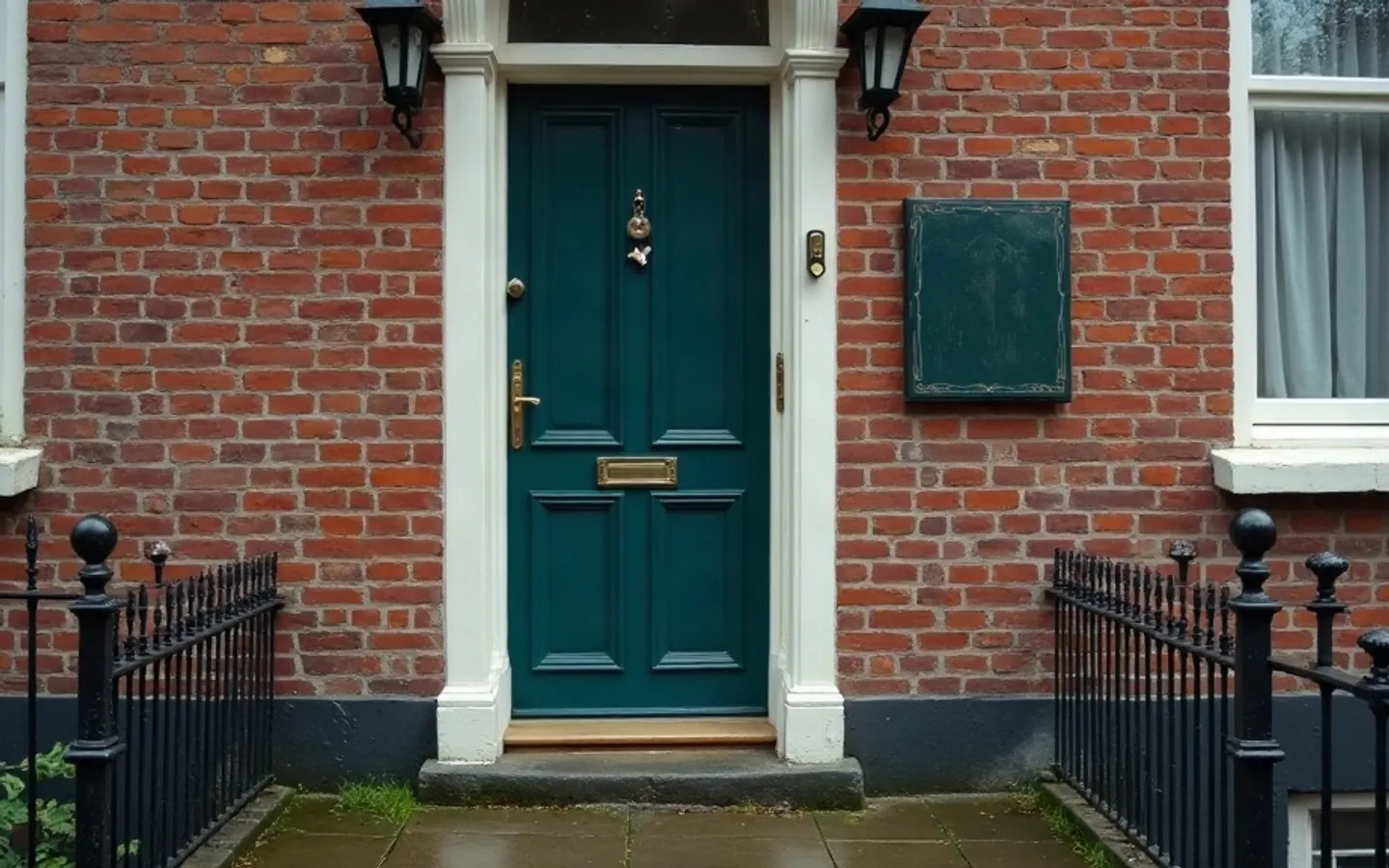 Voordeur van een Nederlandse bakstenen rijtjeswoning met een te-koopbord ernaast en een sleutelbos in het slot, in zacht ochtendlicht.