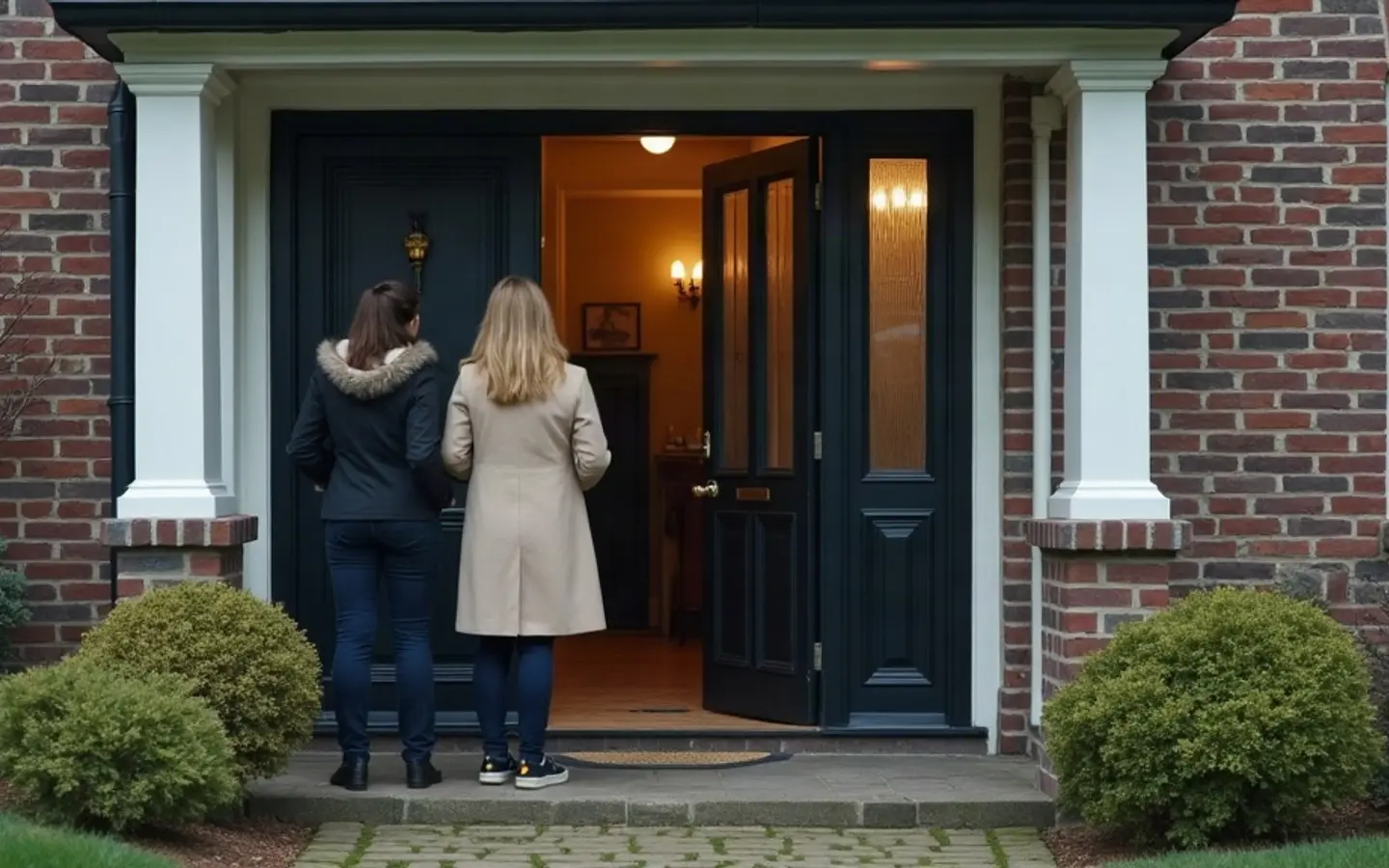 Bewoner opent de voordeur voor twee bezoekers op de stoep