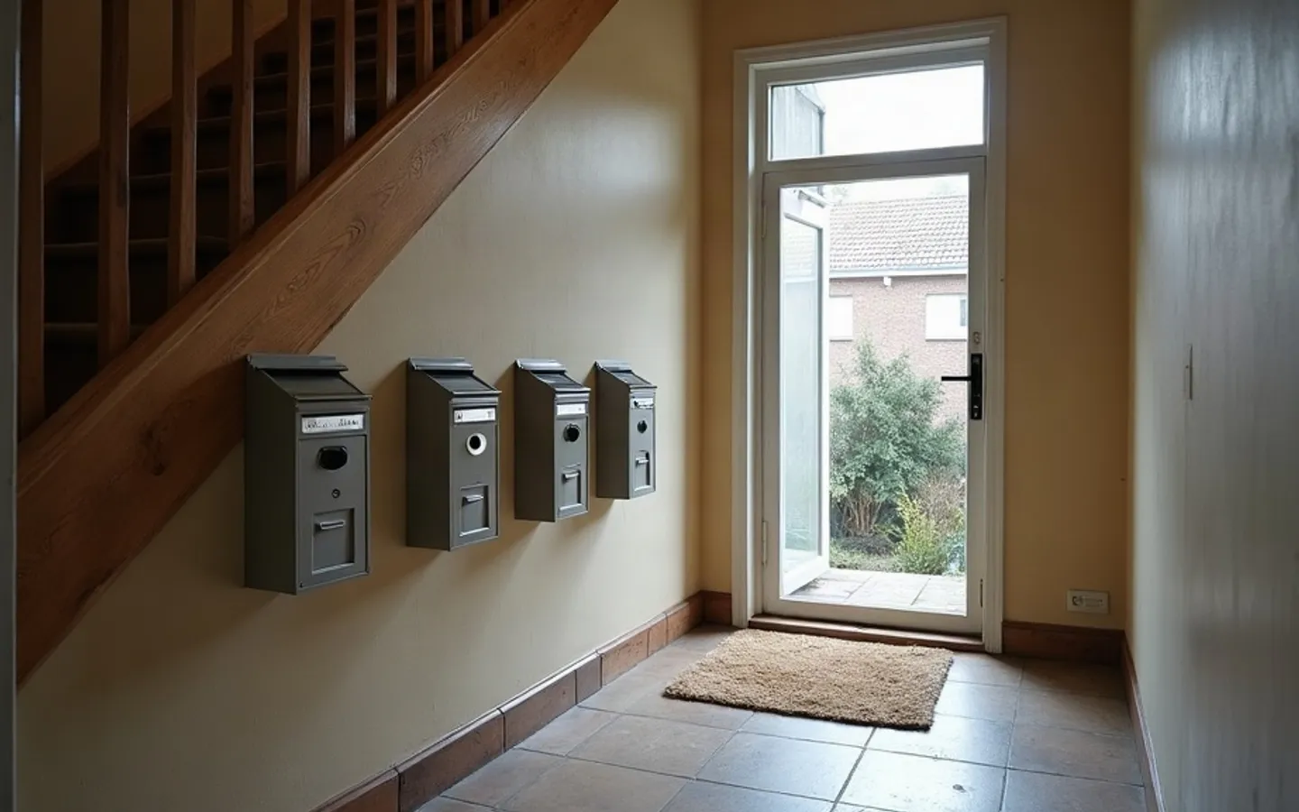 Vier brievenbussen aan de muur bij de trap in de hal van een opgedeeld Nederlands pand