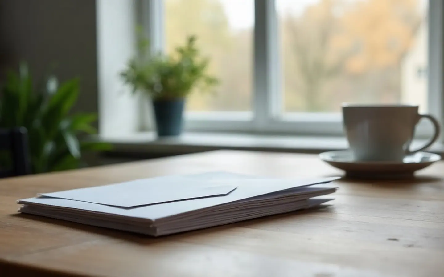 Stapel ongeopende enveloppen op een keukentafel bij het raam