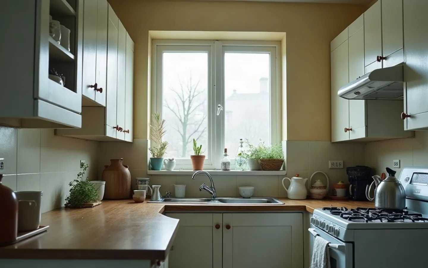 Gedeelde keuken in een Nederlands kamerverhuurpand met mokken op het afdruiprek