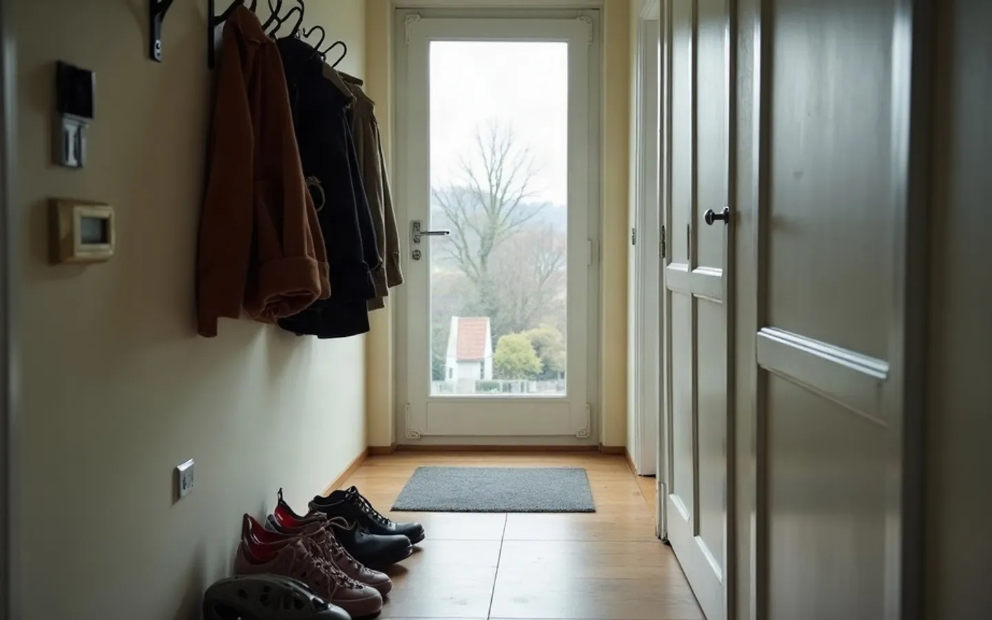 Hal van een Nederlandse huurwoning met jassen aan de kapstok en schoenen op een mat