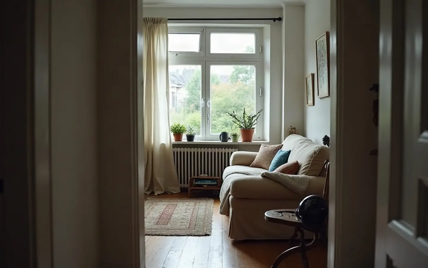 Bewoonde woonkamer van een verhuurde woning, gezien vanuit de gang