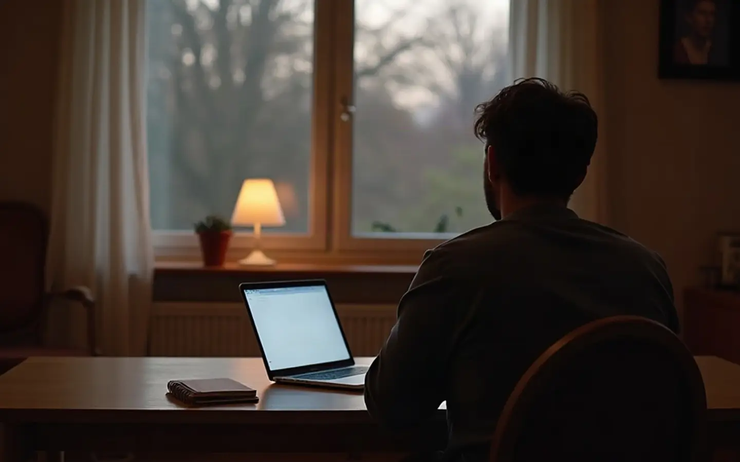 Iemand achter een laptop aan de eettafel in de avond, van achteren gezien