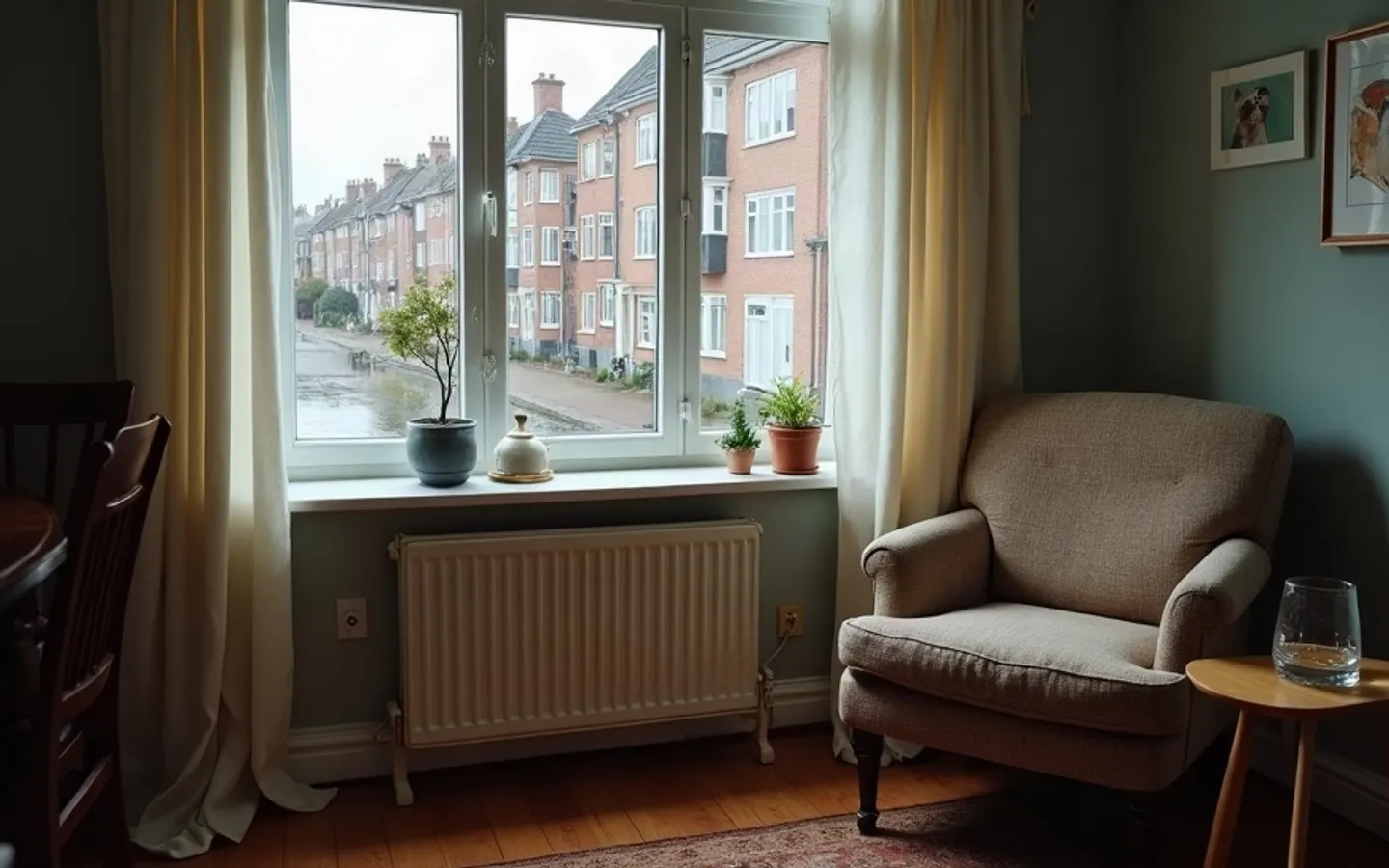 Lege fauteuil bij een raam in een Nederlandse woonkamer met uitzicht op een rustige straat
