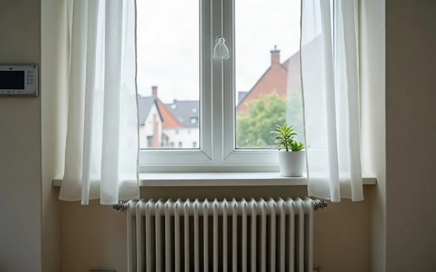 Radiator onder een raam in een Nederlandse huurwoning, met een thermostaat aan de muur