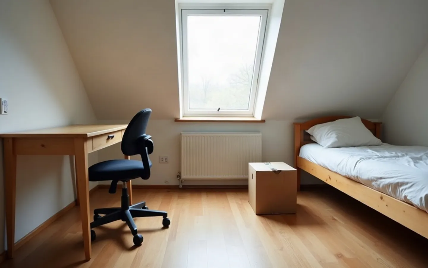 Studentenkamer met bureau, opgemaakt bed en twee halfgepakte verhuisdozen