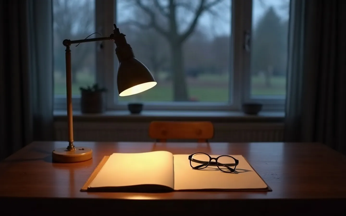 Eettafel met een bureaulamp, een dichte map en een leesbril, 's avonds