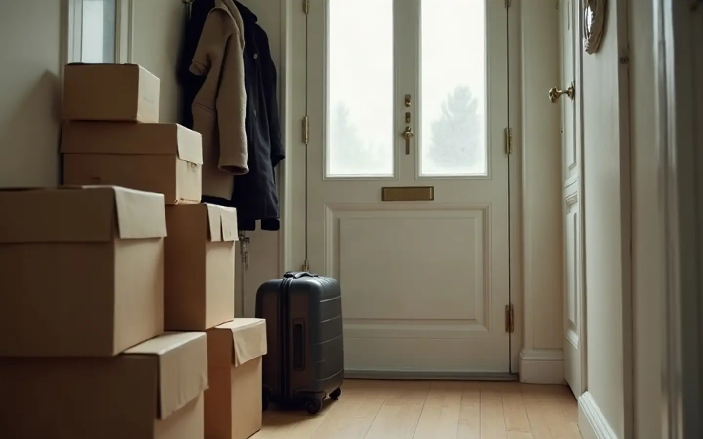 Verhuisdozen en een koffer in de hal van een Nederlandse woning