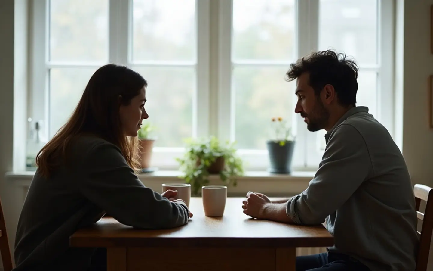 Twee mensen in tegenlicht aan een keukentafel met twee koffiekopjes