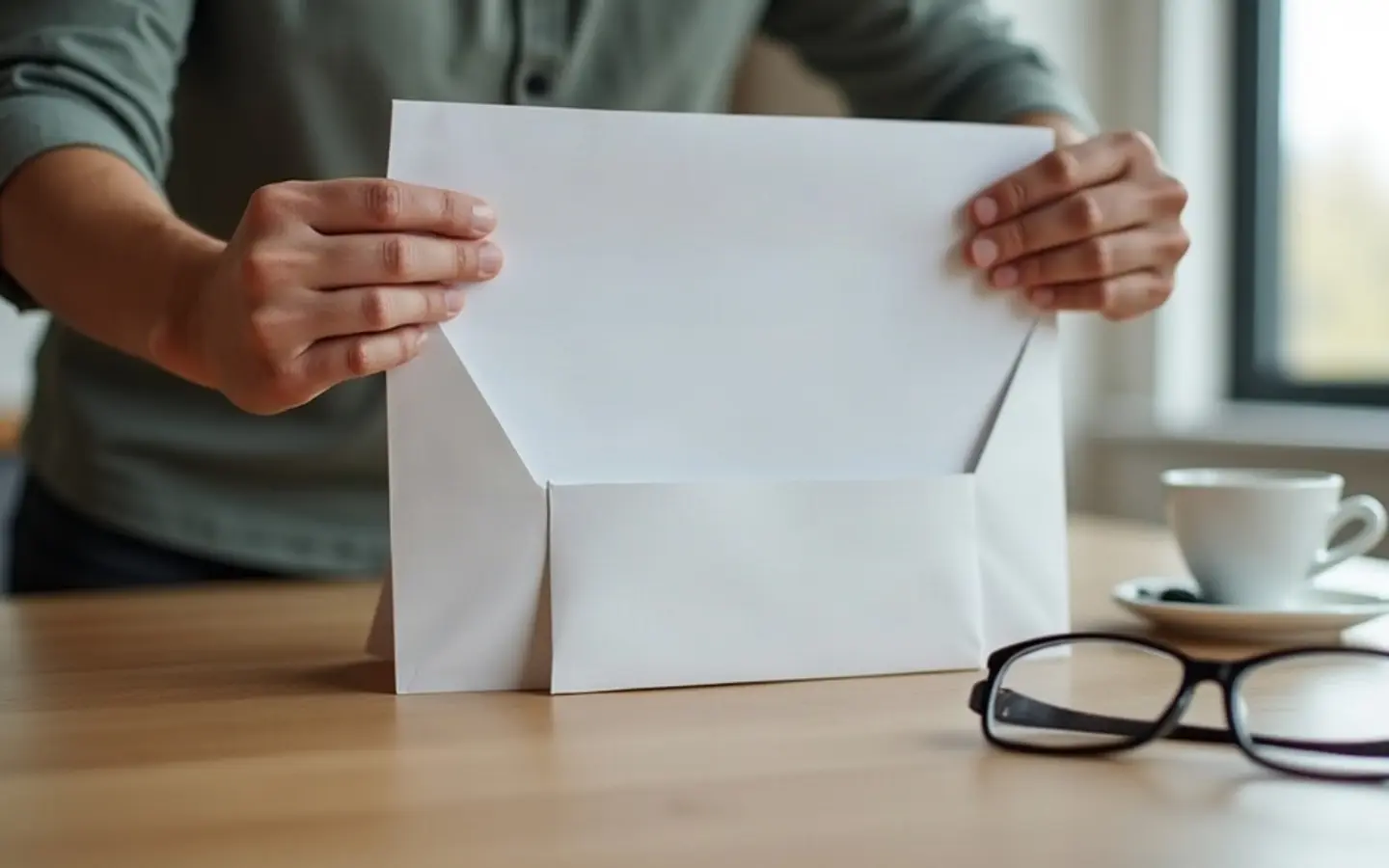 Handen openen een envelop boven een keukentafel, leesbril ernaast
