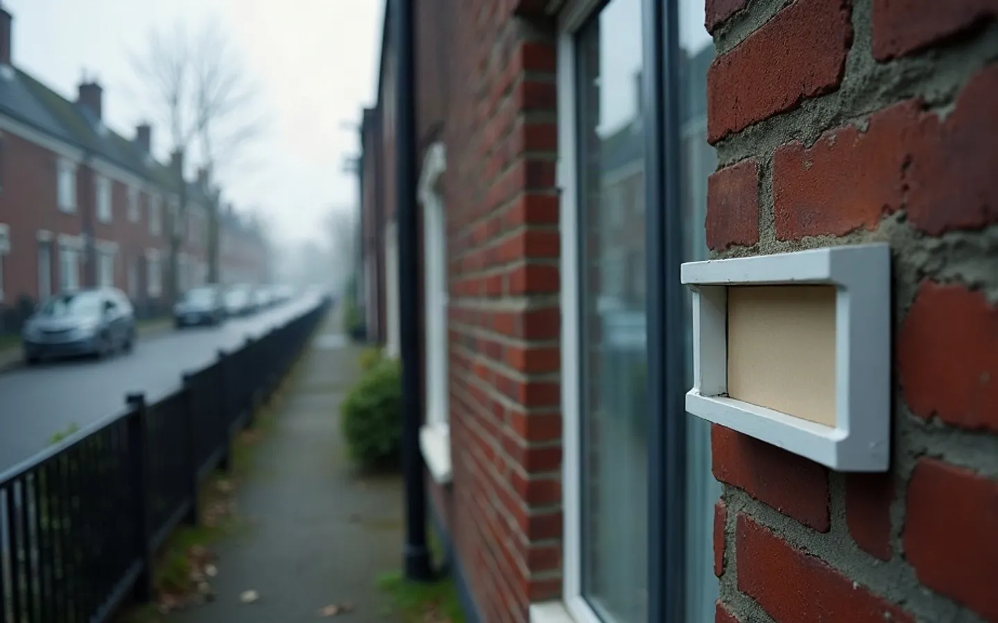 Een Nederlands rijtjeshuis van baksteen in de vroege ochtend, met de gordijnen dicht en een envelop die half uit de brievenbus van de voordeur steekt.