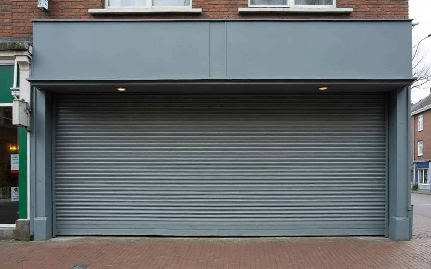 Een hoekwinkelpand in een Nederlandse winkelstraat in de vroege ochtend, met een half opgetrokken rolluik voor de etalage en woningen op de verdiepingen erboven. De straat is leeg.